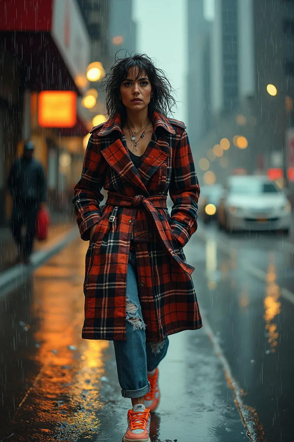 Red and black plaid trench coat with belt detail worn with distressed jeans and bright orange New Balance sneakers, captured in rainy city conditions