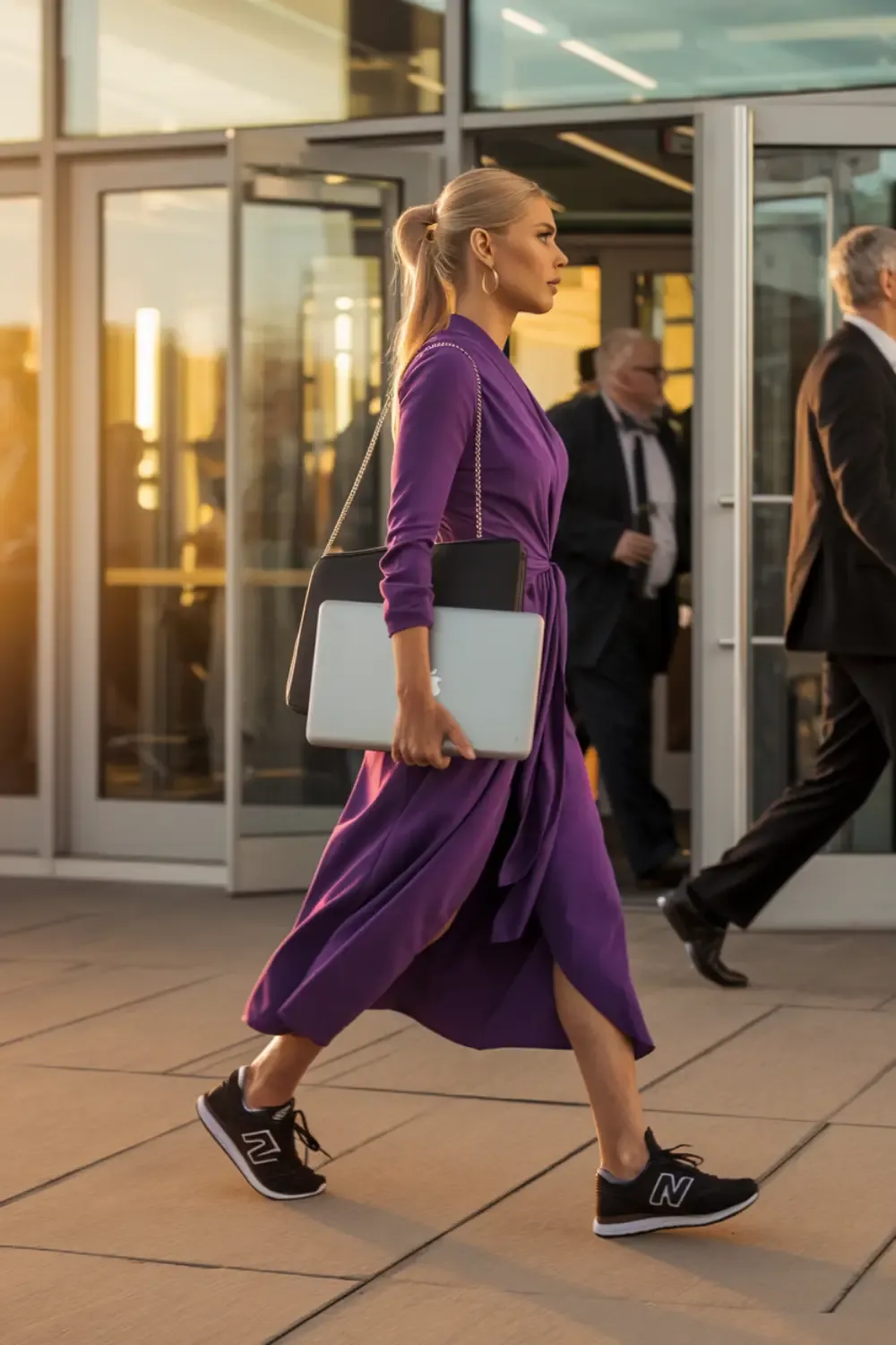 Woman in elegant purple wrap dress walking confidently outside office building carrying laptop, wearing black New Balance sneakers for practical sophistication.