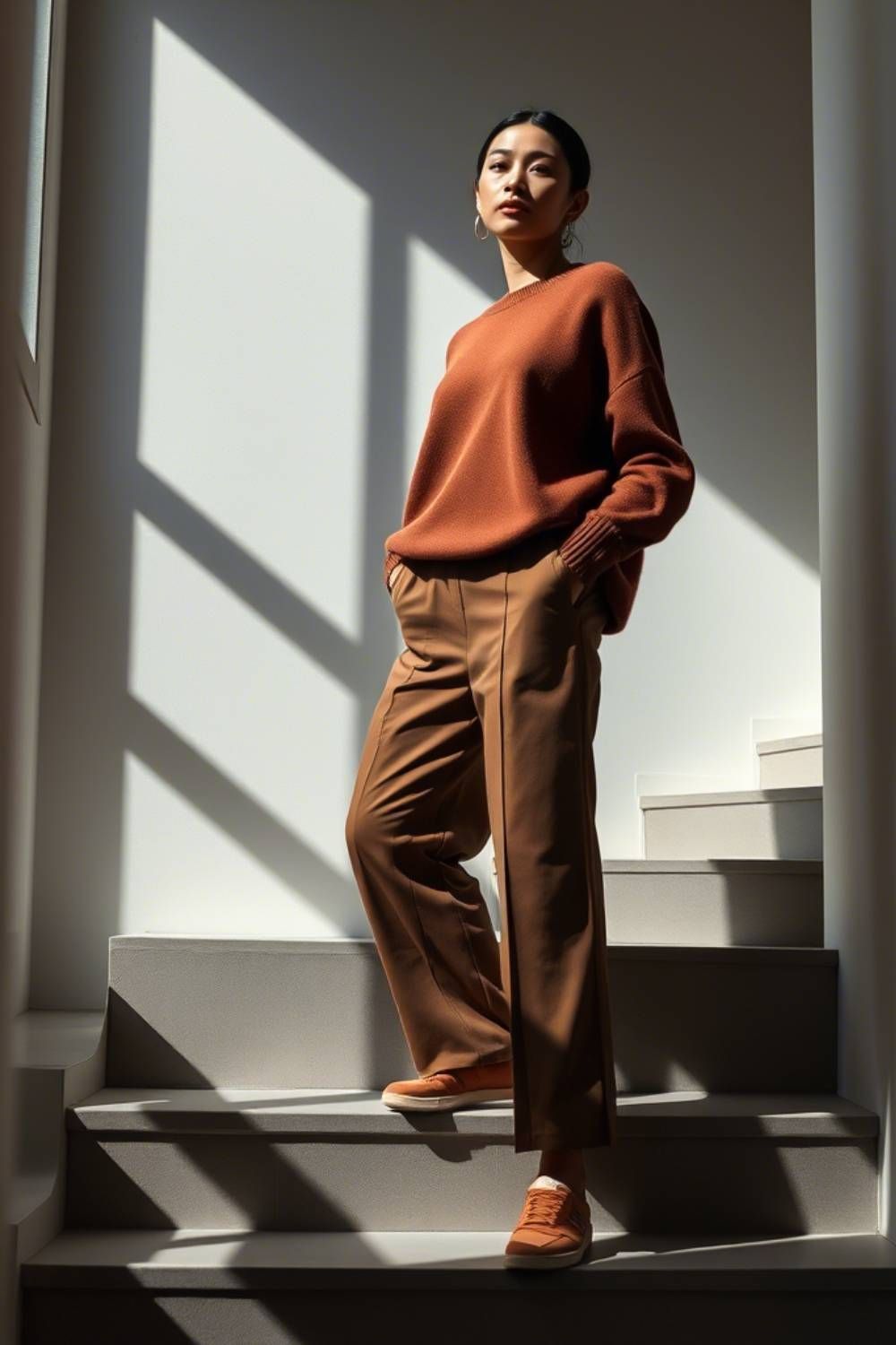 Woman in rust-colored oversized sweater paired with tan wide-leg trousers and orange New Balance sneakers, positioned on modern white staircase with dramatic window lighting.