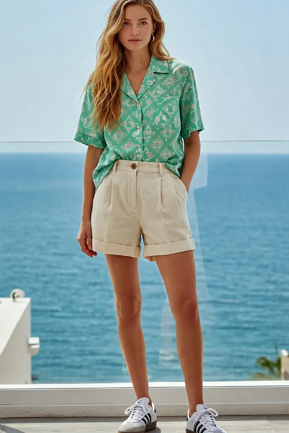 Woman in mint green Cuban collar shirt and beige linen shorts paired with white Adidas Samba OG sneakers against a coastal background, ideal for summer resort style.