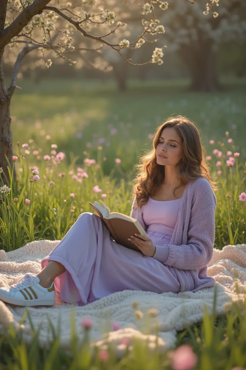 Woman in lavender cardigan and pink dress reading book on blanket under cherry blossom tree, wearing white Adidas sneakers with gold accents, surrounded by wildflowers