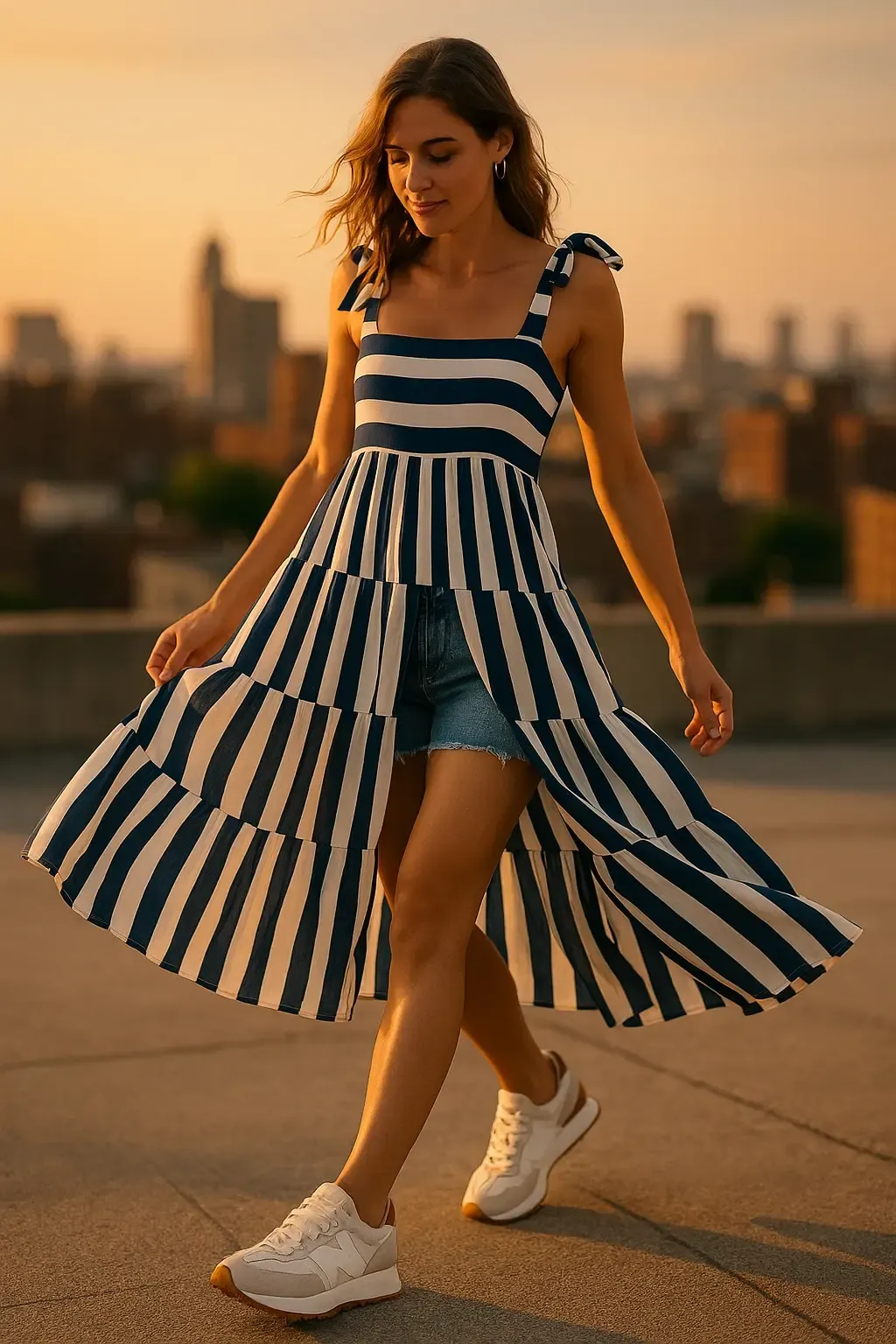 Woman wearing navy and white striped cotton sundress with denim shorts underneath and New Balance 327 sneakers at rooftop during sunset