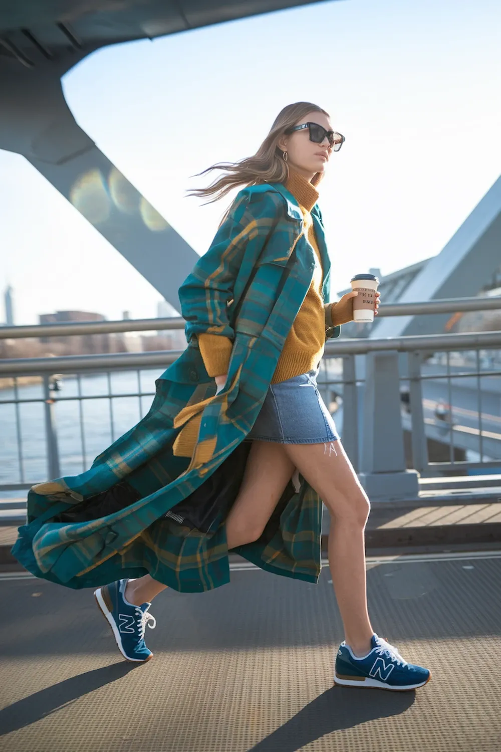 Model wearing teal and yellow plaid maxi trench coat with mustard turtleneck sweater, denim skirt and blue New Balance 574 sneakers on modern waterfront walkway with city skyline, demonstrating bold color-coordinated styling.