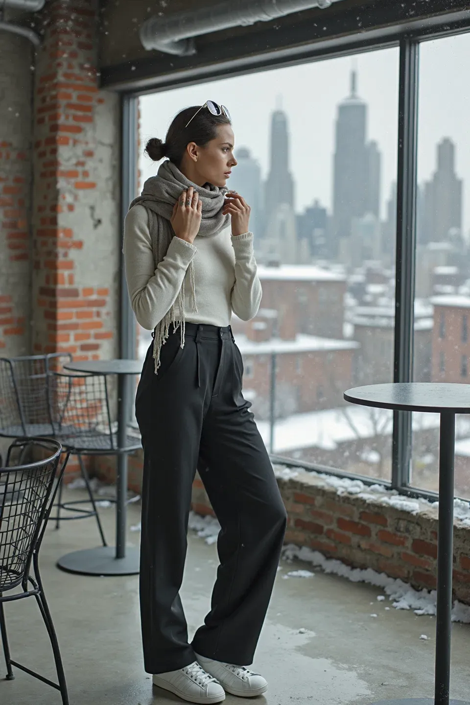 Woman in white turtleneck and black wide-leg trousers paired with white sneakers, grey scarf, and sunglasses against city skyline backdrop in modern industrial space