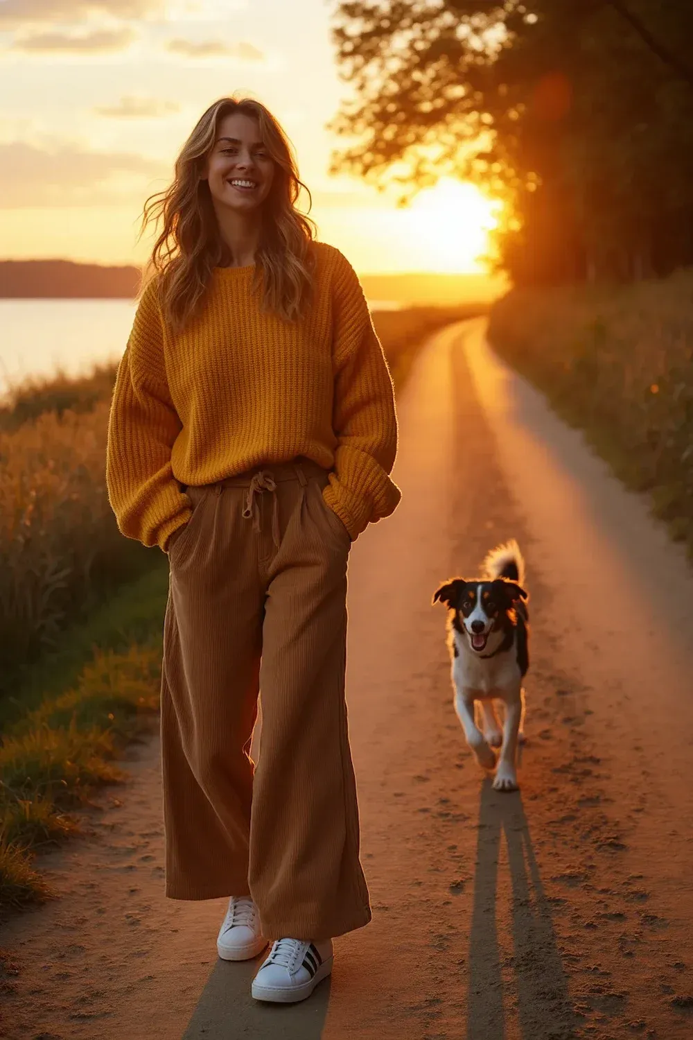 Woman in mustard yellow sweater and corduroy wide-leg pants walking with dog at sunset, coastal path setting with golden hour lighting