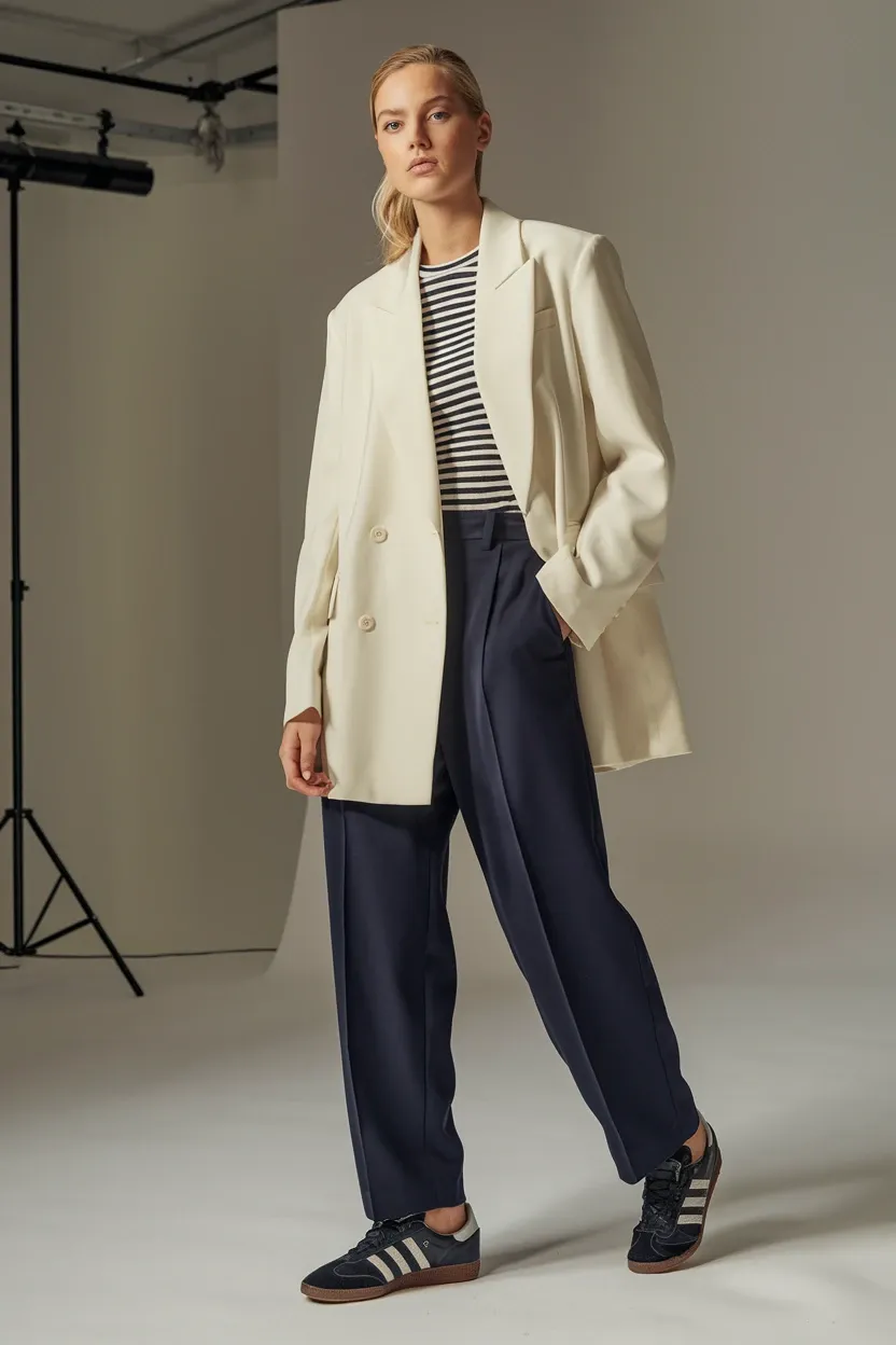 Woman in studio setting wearing off-white blazer, black and white striped t-shirt, navy trousers, and black Adidas sneakers with white stripes, showcasing classic nautical-inspired styling