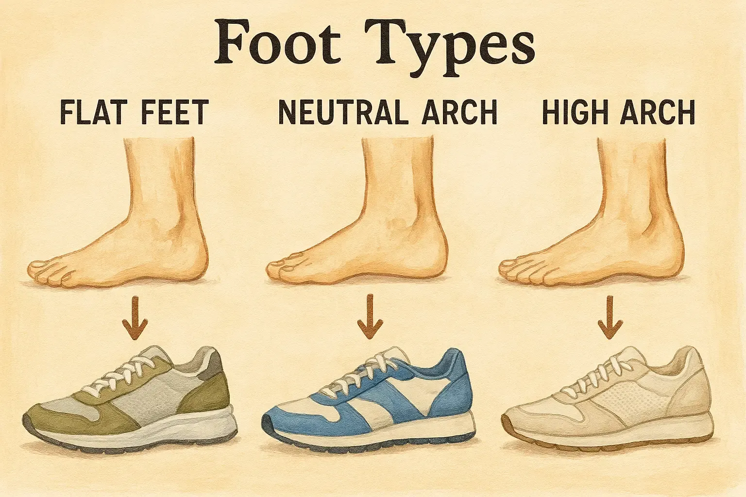 Educational diagram showing three foot types (flat feet, neutral arch, and high arch) with arrows pointing to recommended sneaker styles for each foot structure.