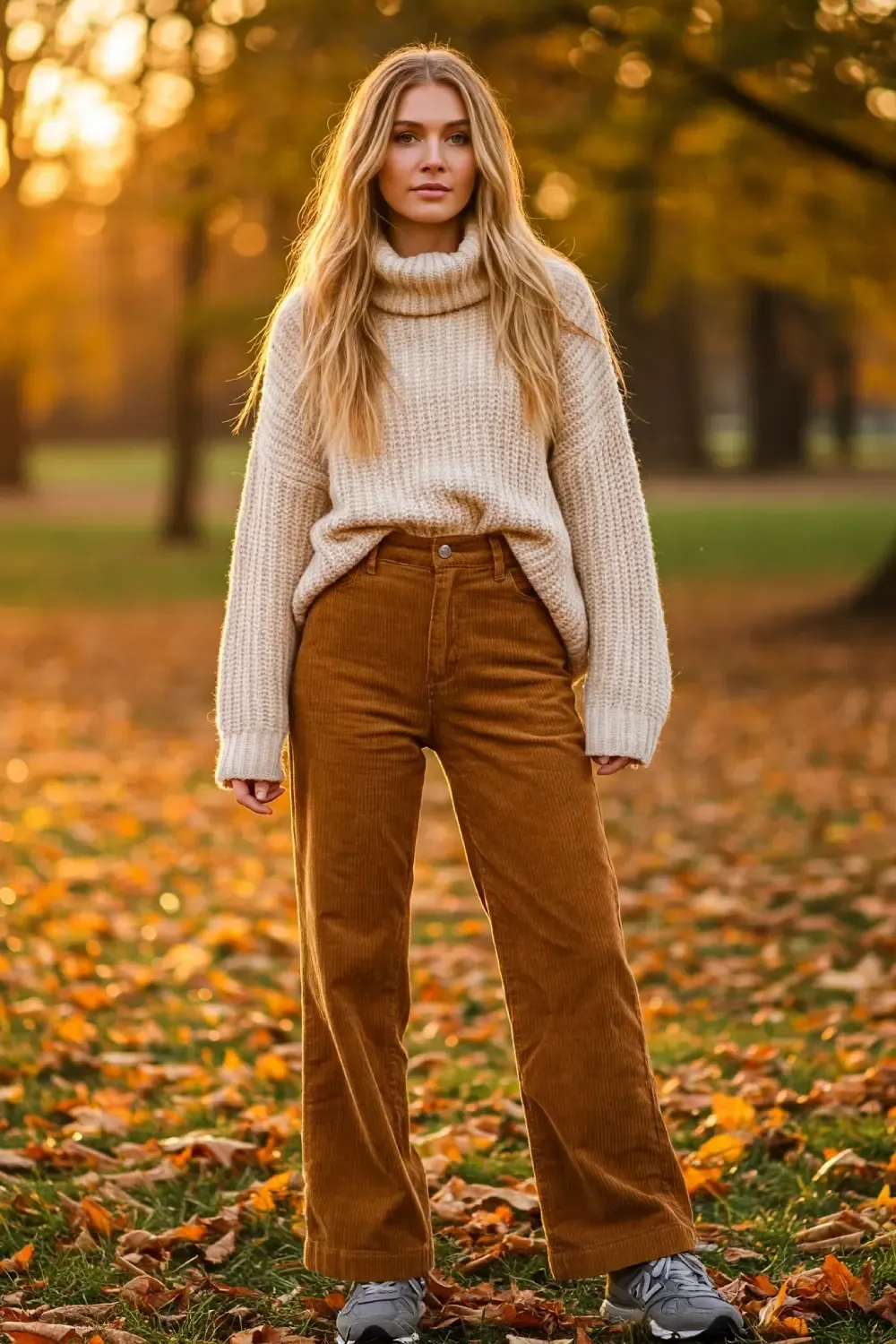 Woman wearing New Balance 990v6 grey sneakers with a cream chunky turtleneck sweater and rust-colored wide-leg corduroy pants among autumn foliage in a park