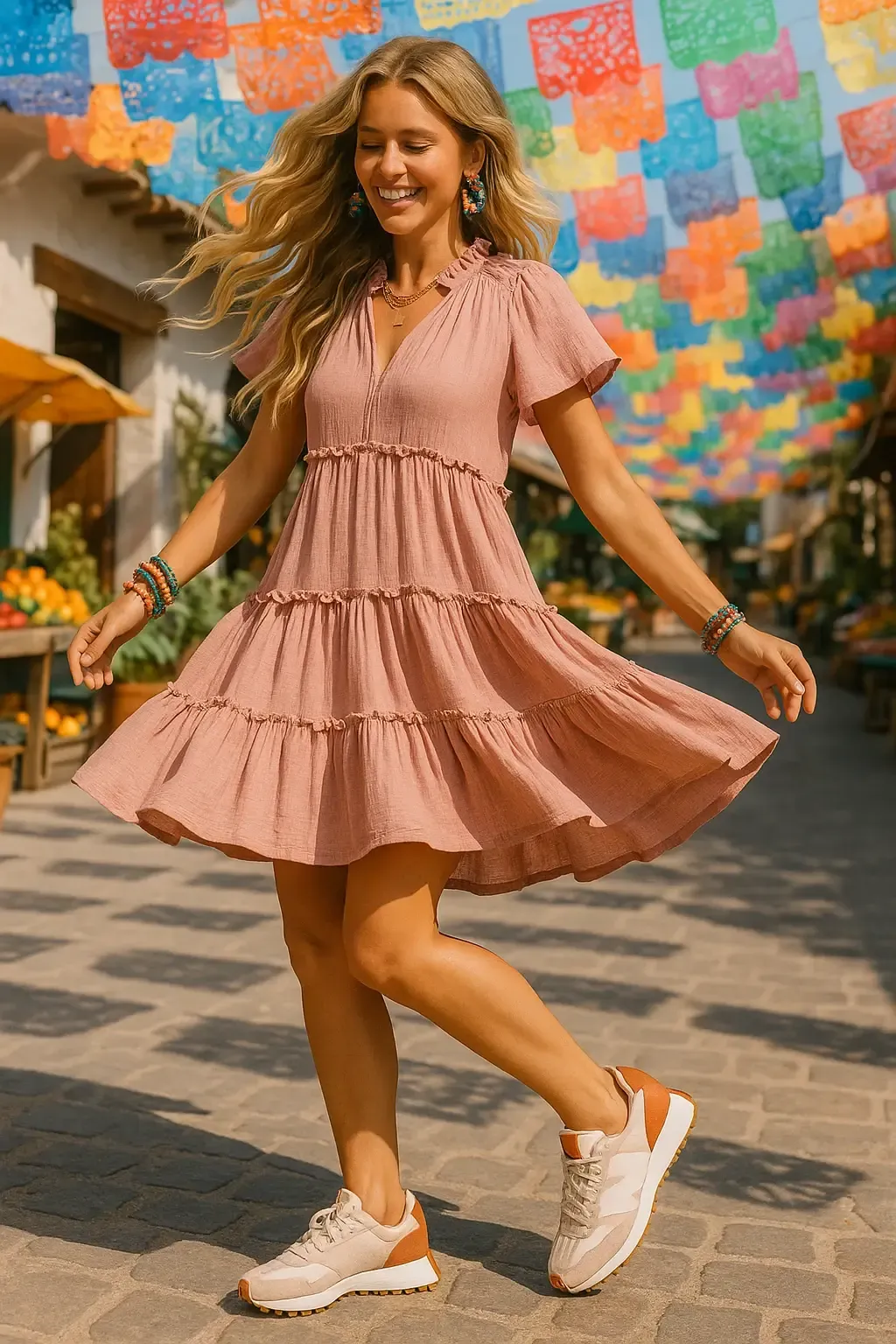 Woman in blush pink tiered cotton sundress with New Balance 327 sneakers against colorful festival backdrop with papel picado decorations