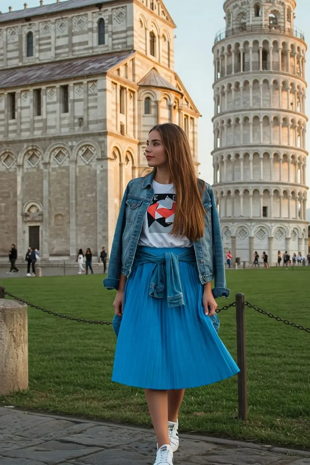 Woman wearing denim jacket over white graphic tee with blue pleated skirt near the Leaning Tower of Pisa, complemented by classic white sneakers.