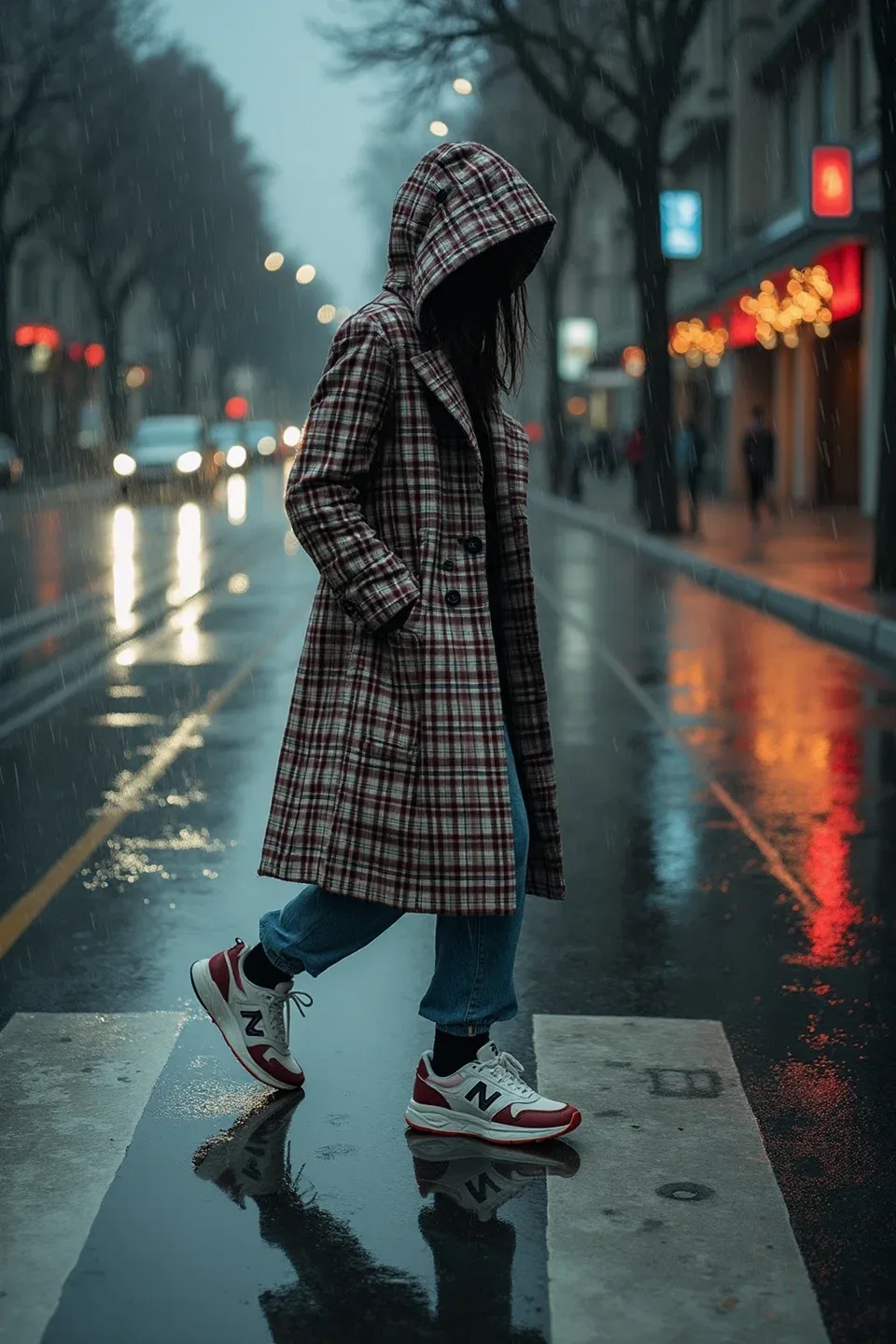 Hooded plaid trench coat in grey and burgundy styled with rolled-up jeans and red-white New Balance sneakers, photographed in moody rainy weather with city lights