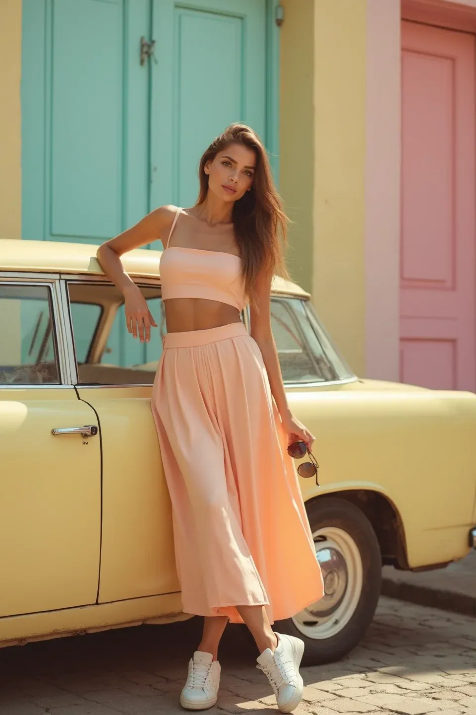 Woman in peach crop top and matching high-waisted maxi skirt leaning against vintage cream-colored car, wearing white sneakers, against backdrop of mint and coral colored doors