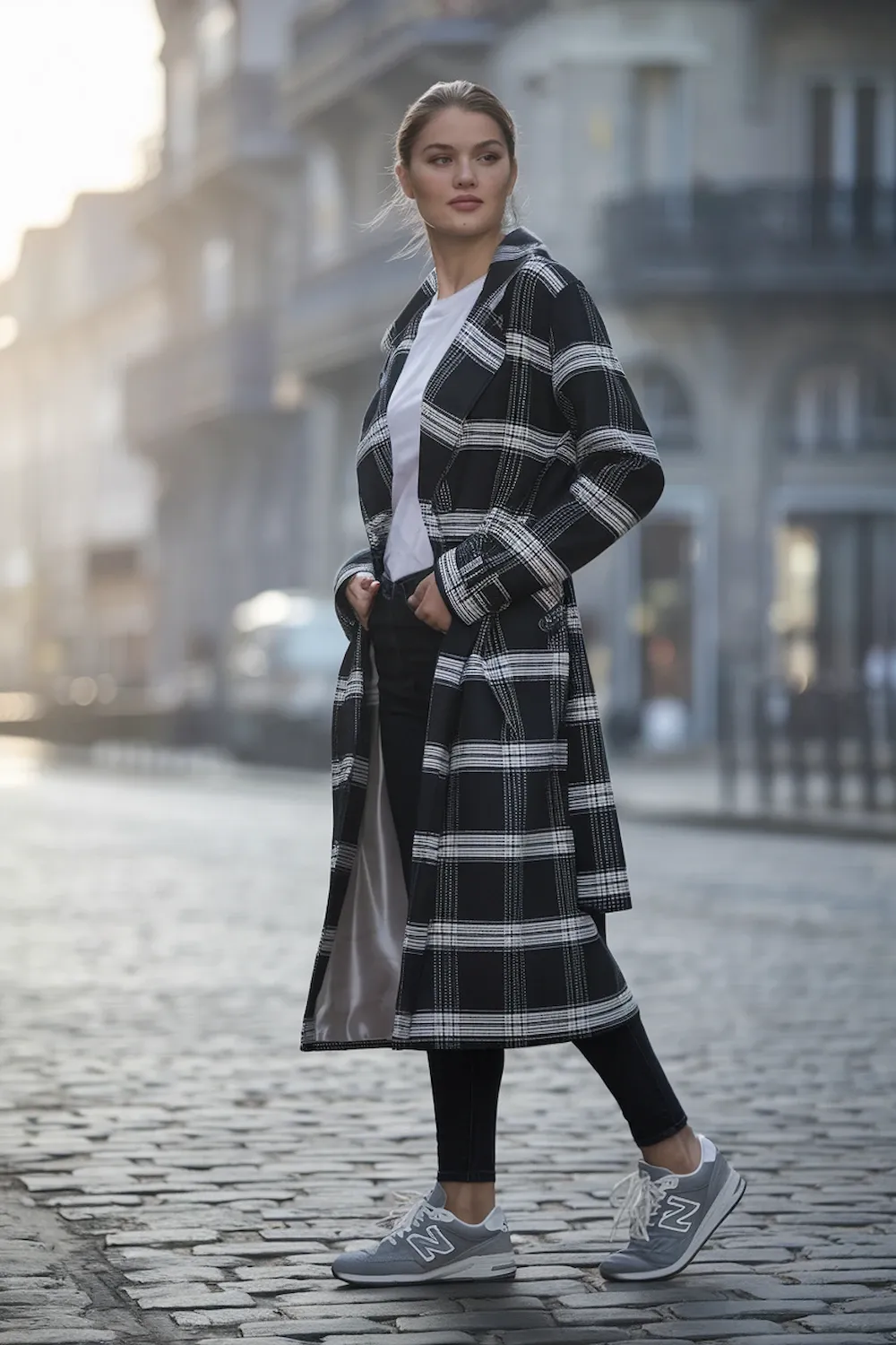 Model wearing classic black and white plaid trench coat with white button-down shirt and gray New Balance 574 sneakers on cobblestone street, showcasing minimal urban professional styling with tailored silhouette.