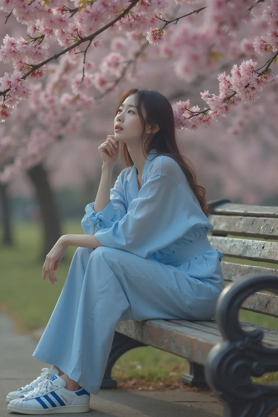 Woman in powder blue coordinated set with puff sleeve details sitting on park bench under blooming cherry blossoms, wearing white and blue Adidas Superstar sneakers