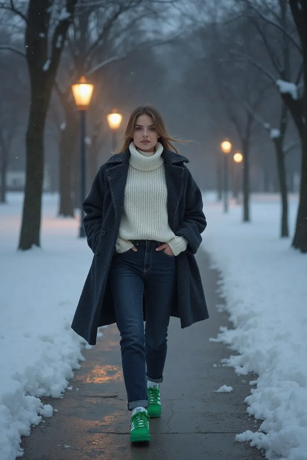 Woman in cream turtleneck sweater and navy coat walking in snow-covered park, tree-lined path with glowing lampposts, green statement sneakers adding pop of color