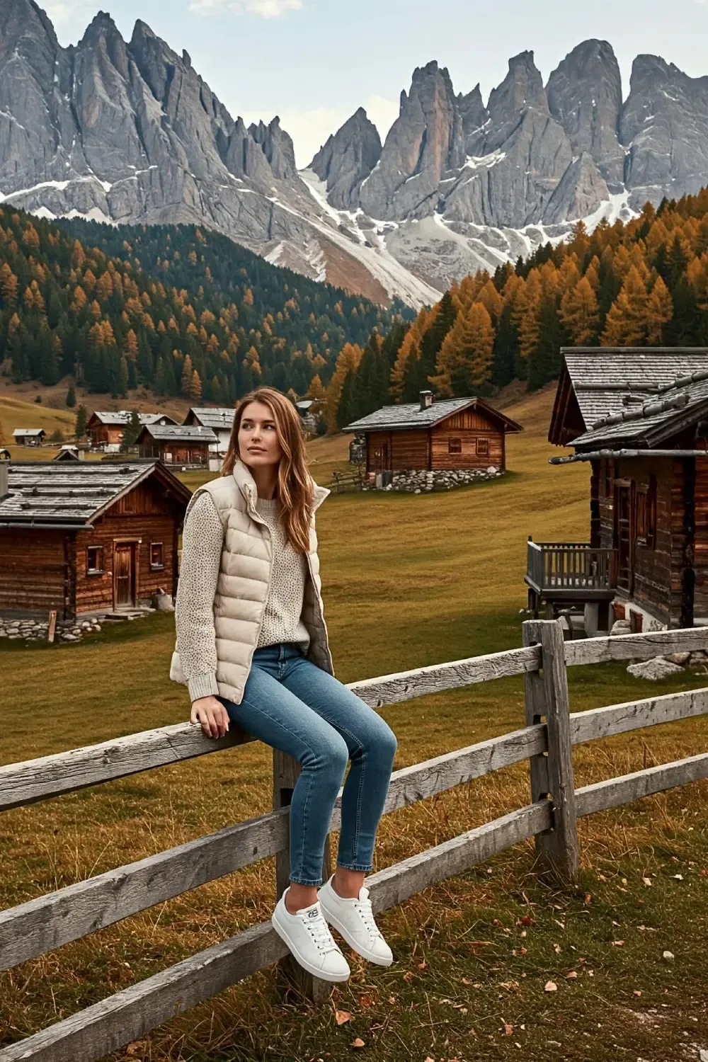 Woman in cream puffer vest over knit sweater with jeans sitting on fence in the Dolomites with autumn trees and jagged mountains in background.