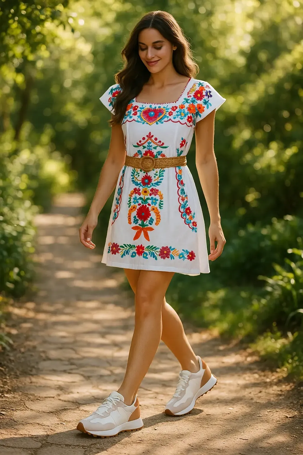 Woman wearing white cotton sundress with colorful floral embroidery and brown belt paired with New Balance 327 sneakers walking on nature path