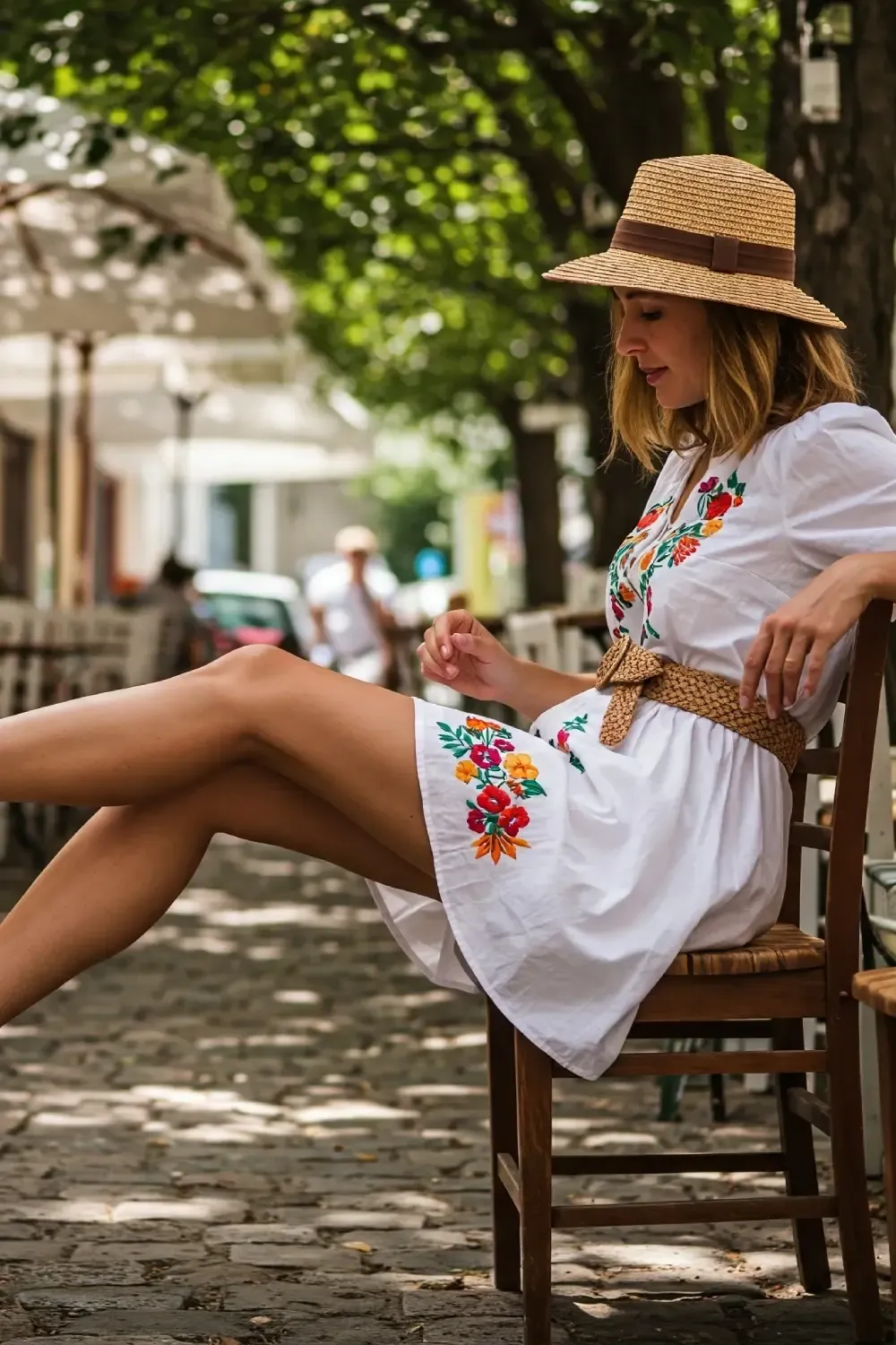 Woman sitting in chair wearing white embroidered cotton sundress with woven belt, straw hat, and Adidas Stan Smith sneakers on a cobblestone street