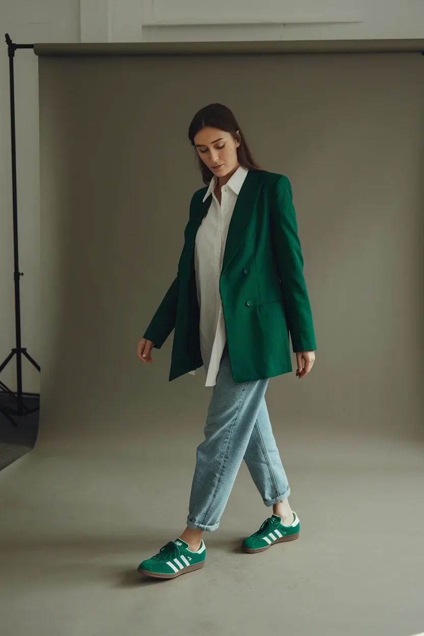 Woman walking in studio wearing emerald green blazer, white button-up shirt, light wash straight jeans, and matching green Adidas Gazelle sneakers, demonstrating coordinated color styling