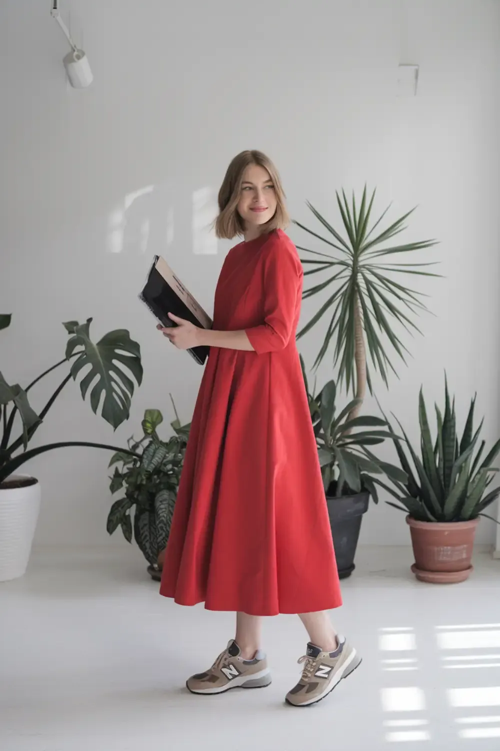Woman in flowing red dress holding portfolio in minimalist white space wearing beige New Balance sneakers, demonstrating versatile contemporary workwear.