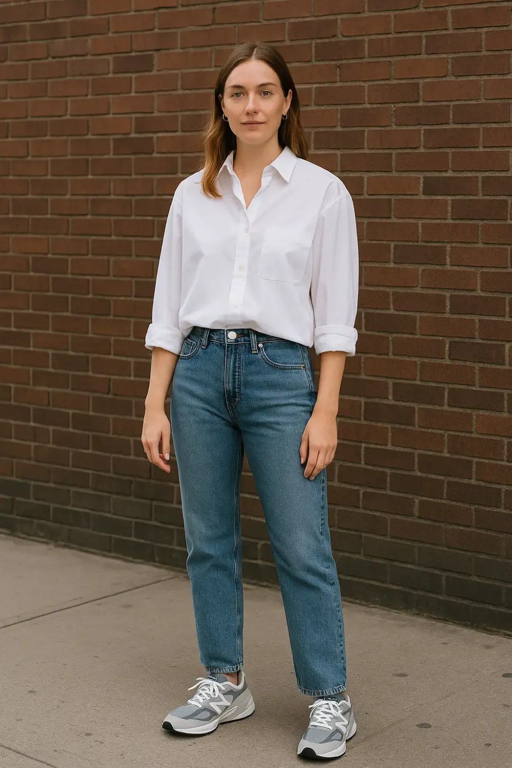 Woman wearing New Balance 990v6 grey sneakers with a crisp white button-up shirt and classic straight-leg jeans against a brick wall backdrop