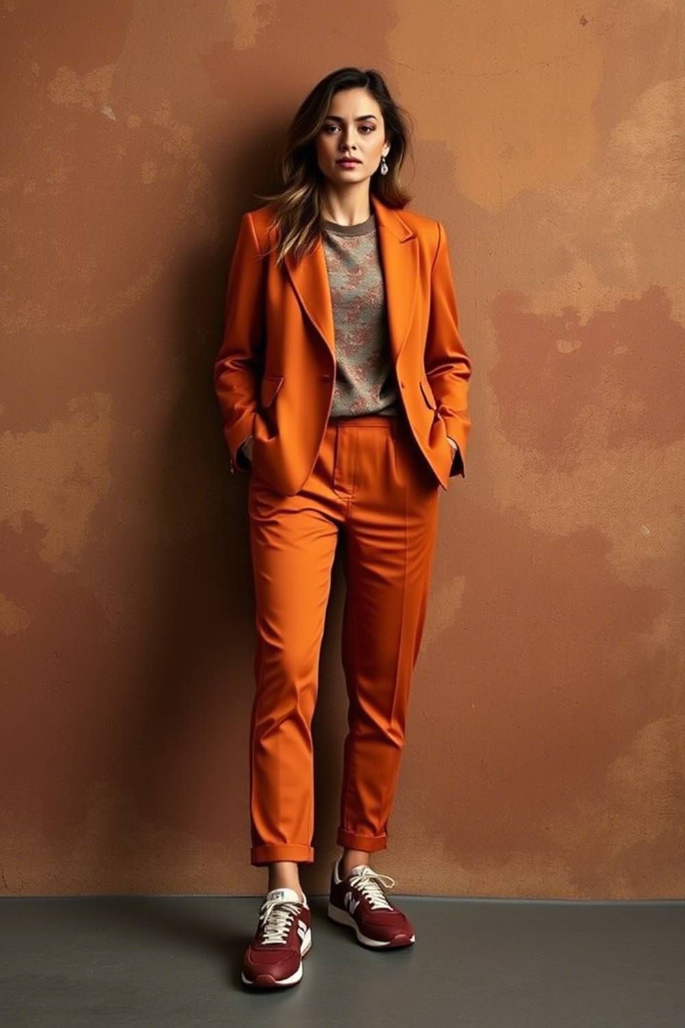Woman in vibrant orange tailored suit with gray top, styled with burgundy New Balance sneakers, standing against textured rust-colored background for sophisticated athleisure look.