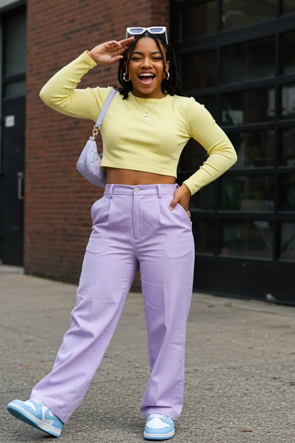 Fashionable individual in a bold pastel color-blocked outfit featuring a yellow top, lavender pants, and baby blue Nike Dunk Lows.