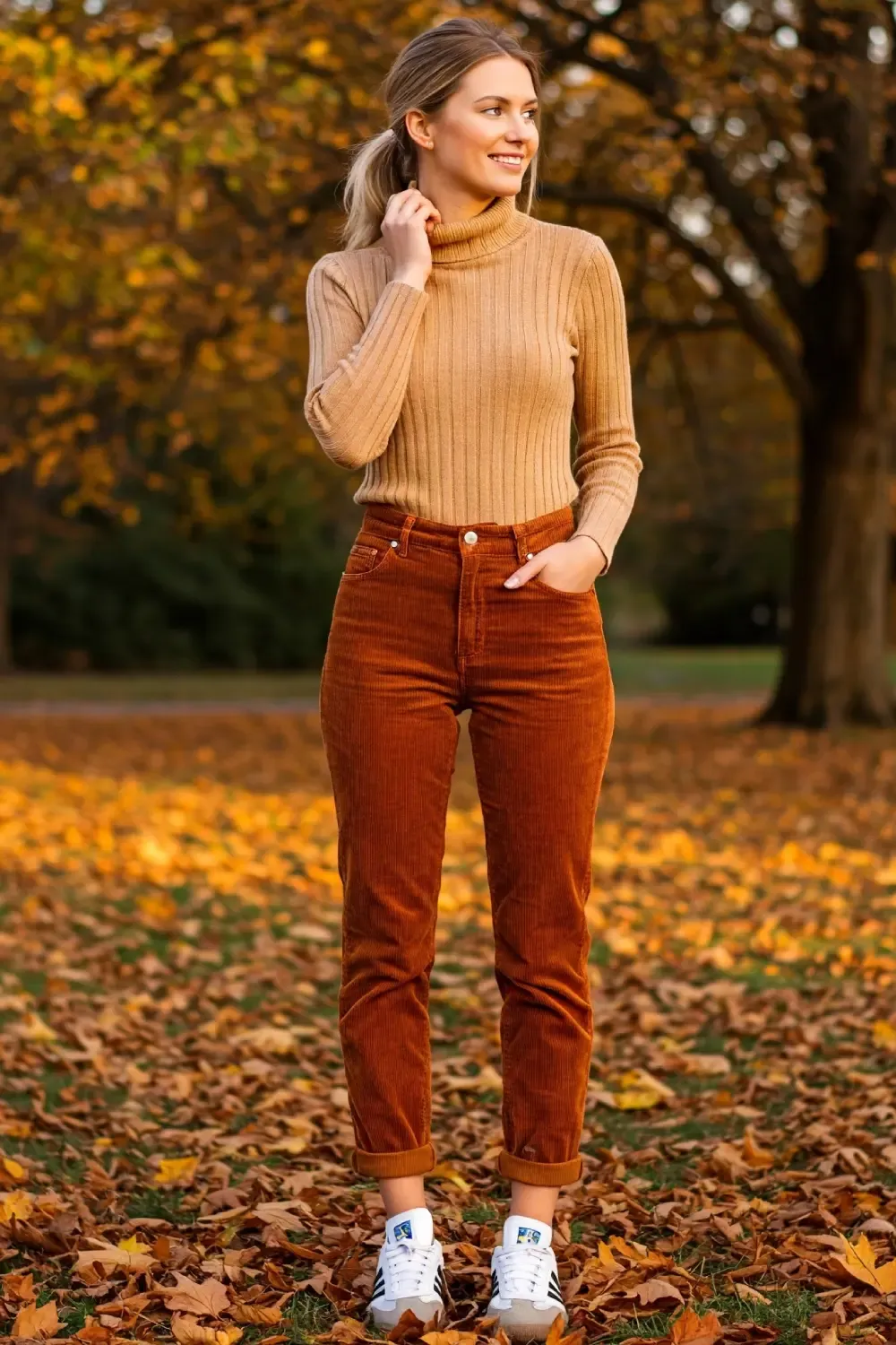 Woman in camel turtleneck sweater paired with rust-colored corduroy pants and white Adidas Samba OG sneakers surrounded by autumn leaves, showcasing fall textural combinations.