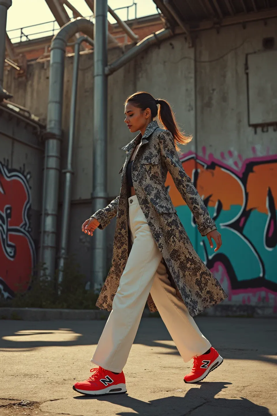 Snake print long trench coat in neutral tones paired with cream wide-leg pants and bright red New Balance sneakers, posed against urban graffiti wall at sunset