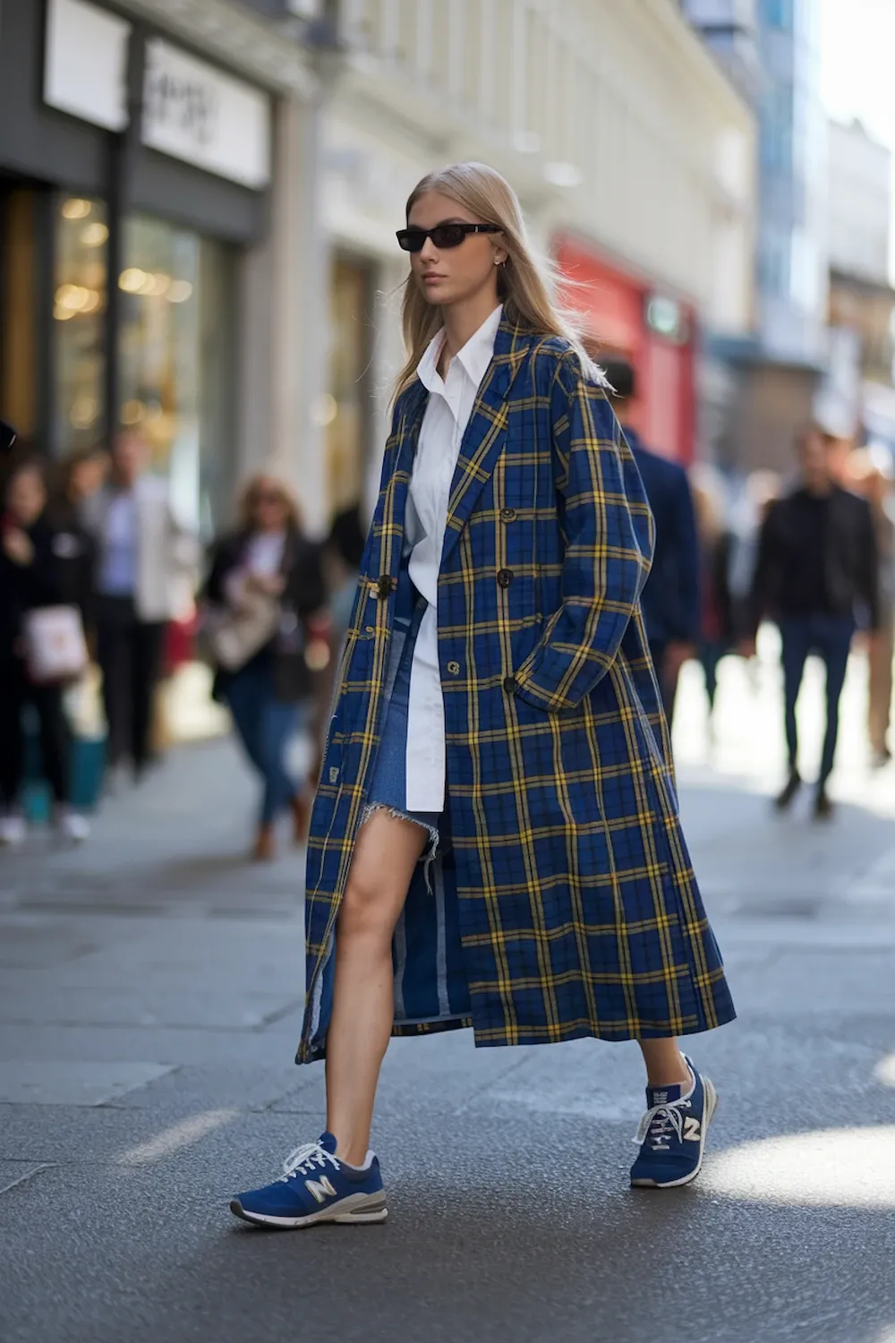 Model wearing bold blue and yellow plaid long trench coat with crisp white shirt, frayed denim skirt and blue New Balance 574 sneakers on busy shopping street, demonstrating fashion-forward city look with slim sunglasses.