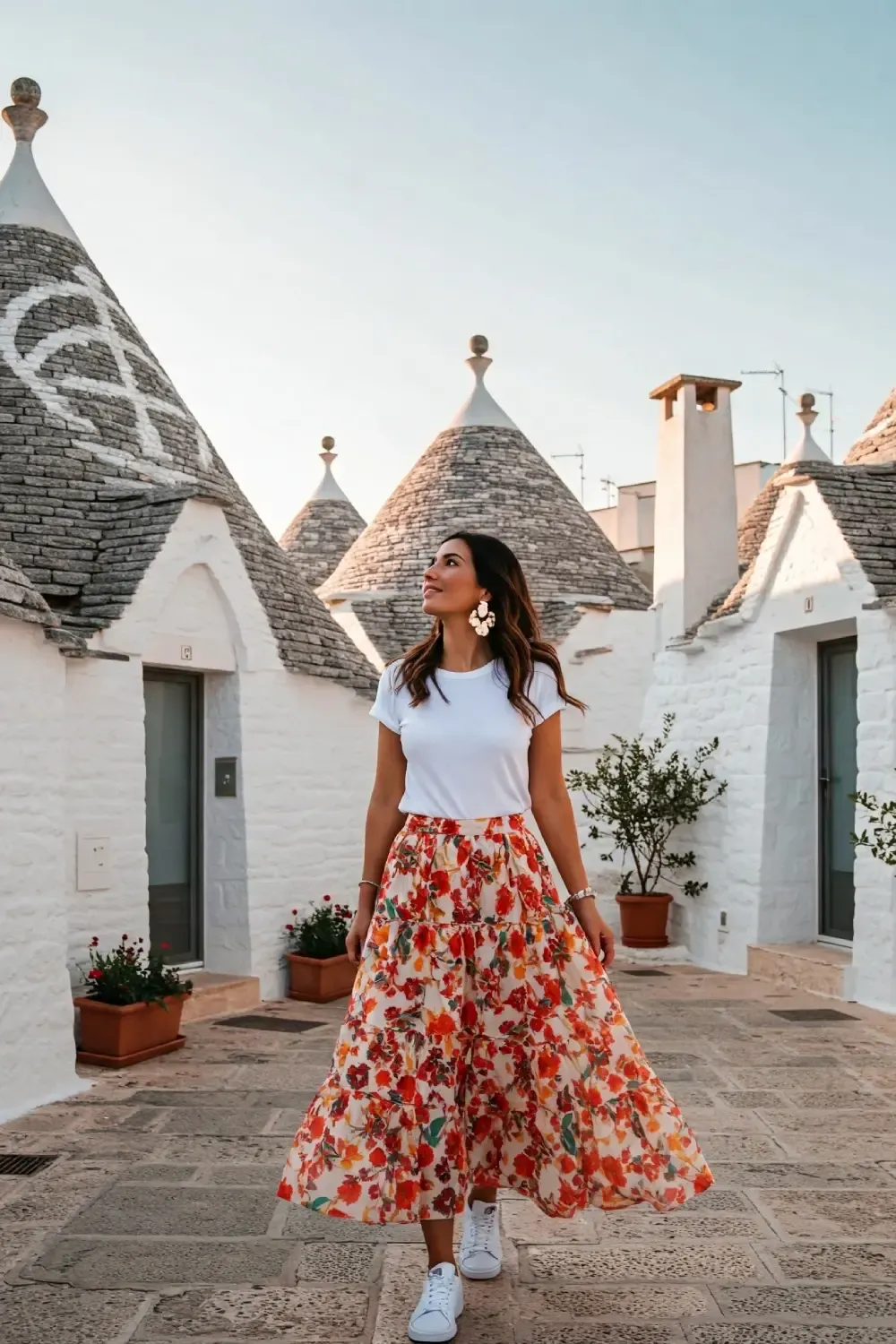 Woman in simple white t-shirt and floral midi skirt posing among traditional trulli houses in Alberobello, wearing statement earrings and white sneakers.