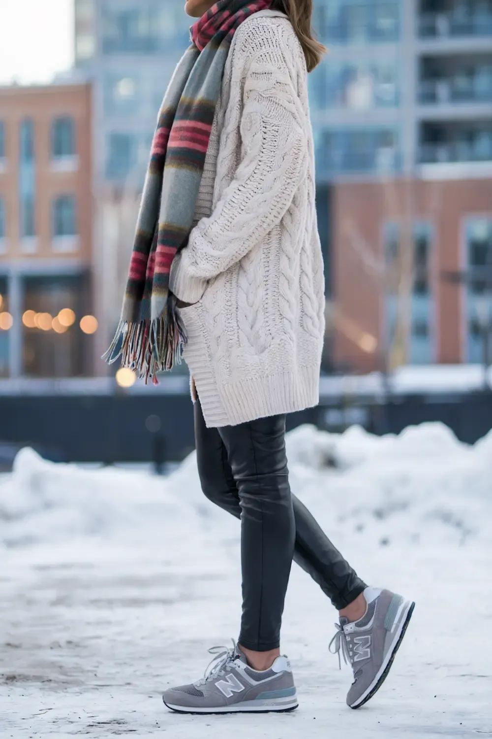 Woman in cream cable knit sweater, plaid scarf, black leather leggings, and grey New Balance sneakers against snowy cityscape, showcasing cozy winter layering