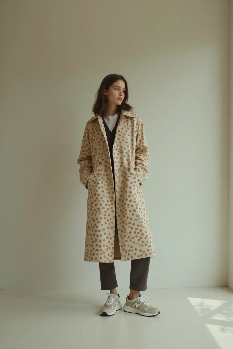 Minimalist polka dot trench coat in cream and tan styled with dark casual pants and neutral New Balance sneakers, photographed in clean studio setting