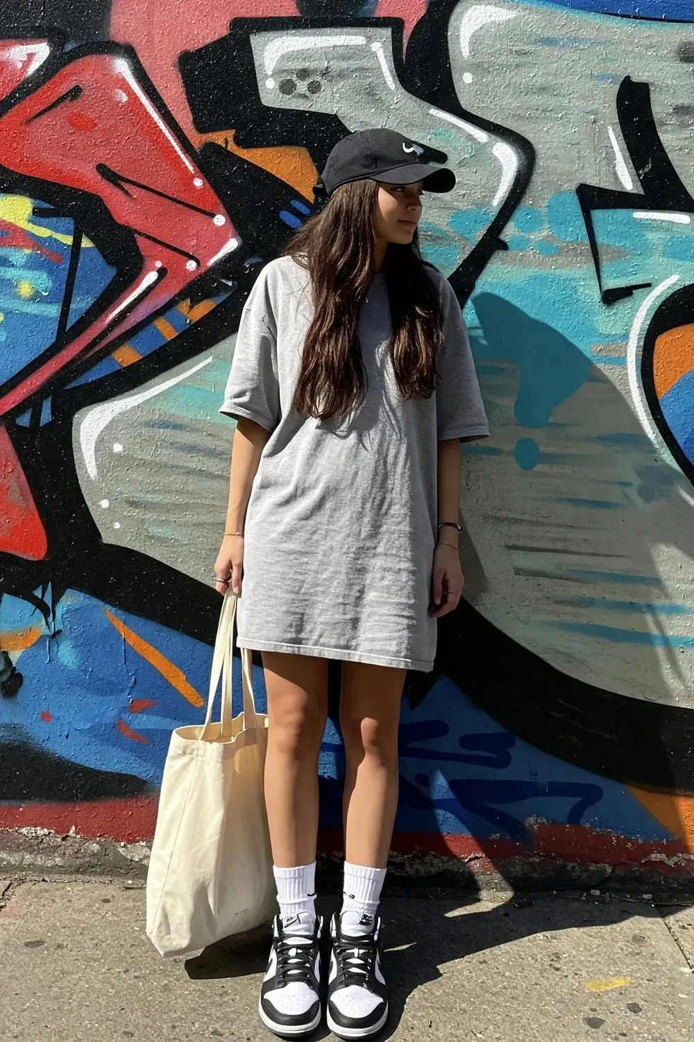 Woman in a grey oversized T-shirt dress and Panda Nike Dunk Lows, with a baseball cap and crew socks, leaning against a city mural.