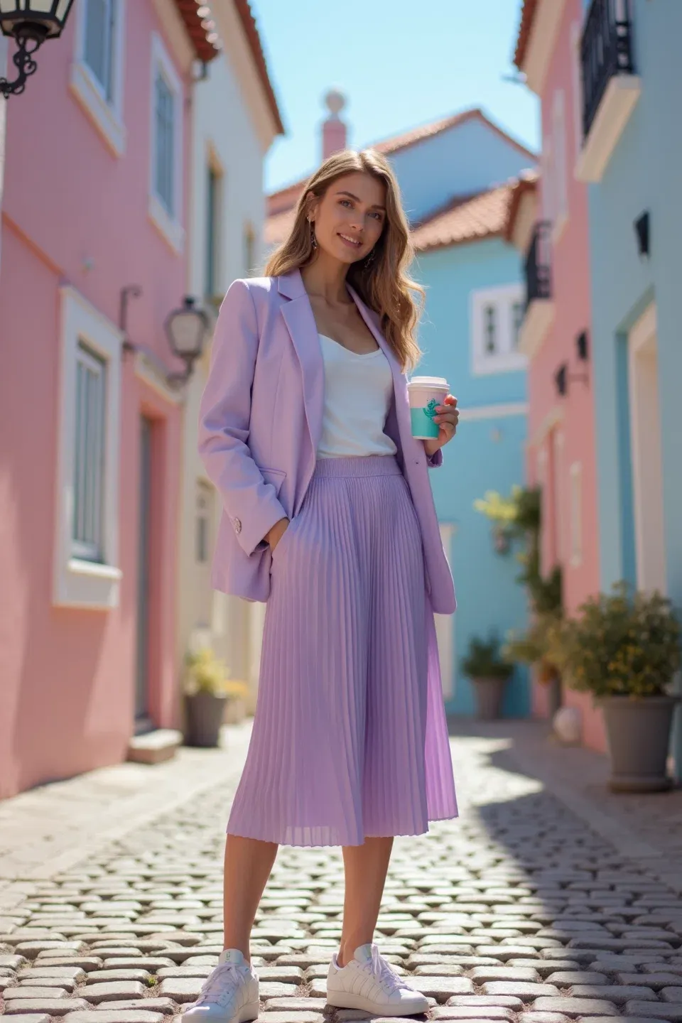 Woman in lilac blazer, white tank top, and matching pleated midi skirt holding turquoise coffee cup, posed on cobblestone street with pastel-colored buildings, wearing white sneakers