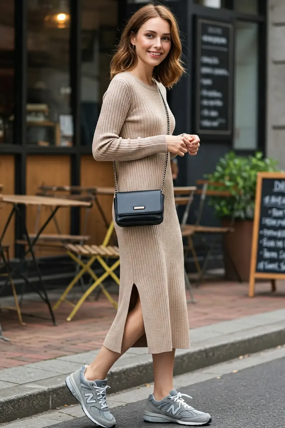 Woman wearing New Balance 990v6 grey sneakers with a beige ribbed knit midi dress and small black leather crossbody bag on a city sidewalk near a cafe