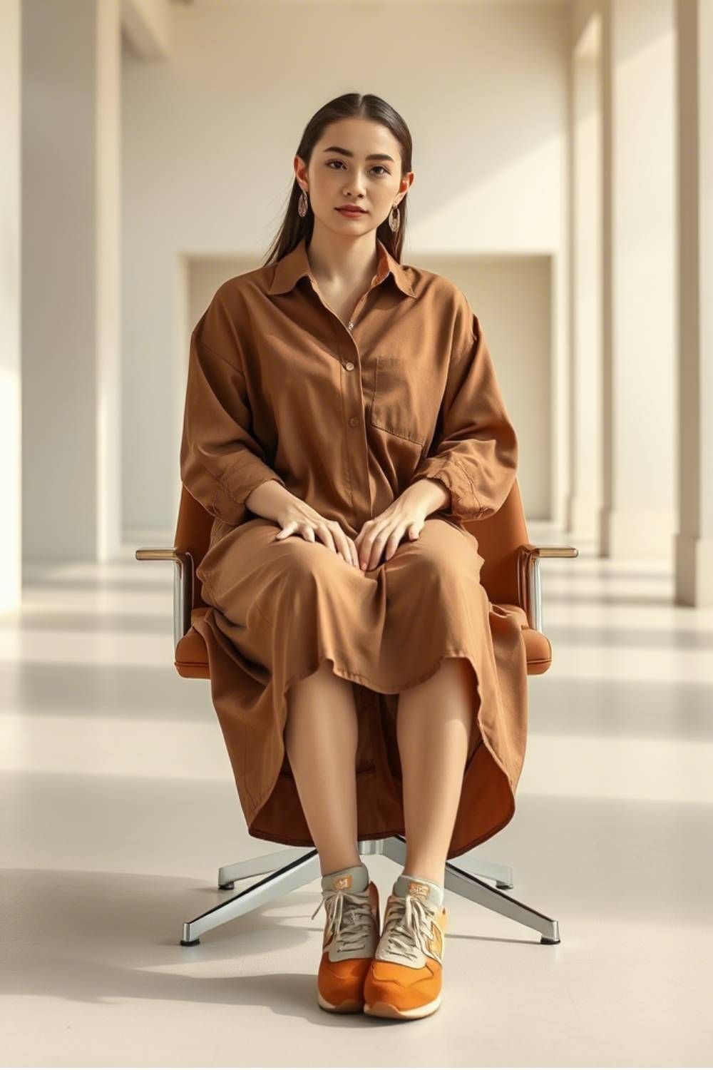 Woman wearing an oversized camel button-up shirt dress paired with coordinating orange New Balance sneakers sitting in a modern chair against a minimalist white background.