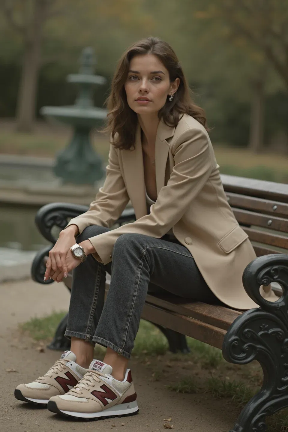 Woman wearing a beige blazer with dark wash jeans and beige New Balance sneakers with burgundy accents, sitting on a park bench. Vintage-style water fountain and autumn trees in the background.
