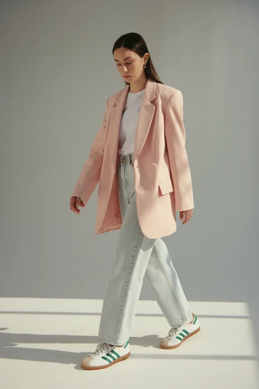 Woman in soft studio lighting wearing pastel pink blazer, white t-shirt, light wash wide-leg jeans, and white Adidas sneakers with green accents, showcasing fresh spring-inspired palette