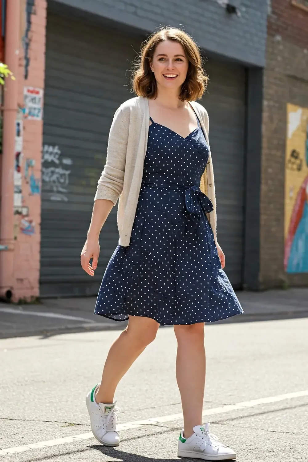 Woman walking in urban setting wearing navy polka dot cotton sundress with light beige cardigan and Adidas Stan Smith sneakers for a polished casual look
