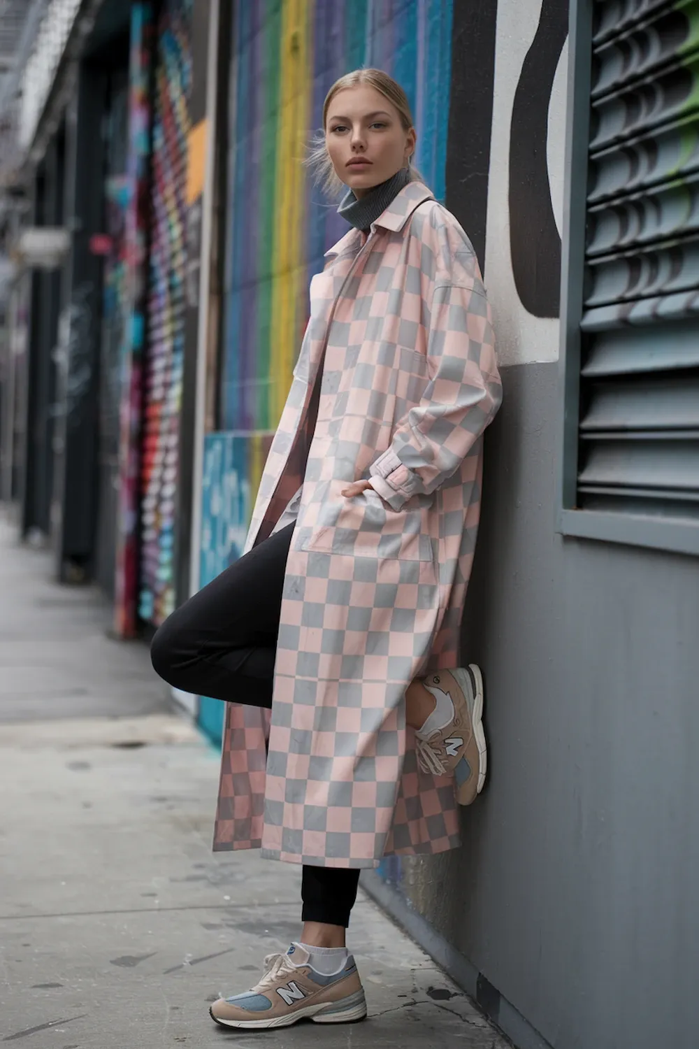 Model wearing pastel pink and gray checkered trench coat with gray turtleneck, black pants and tan New Balance 574 sneakers against colorful street art, showcasing playful yet sophisticated pattern mixing.