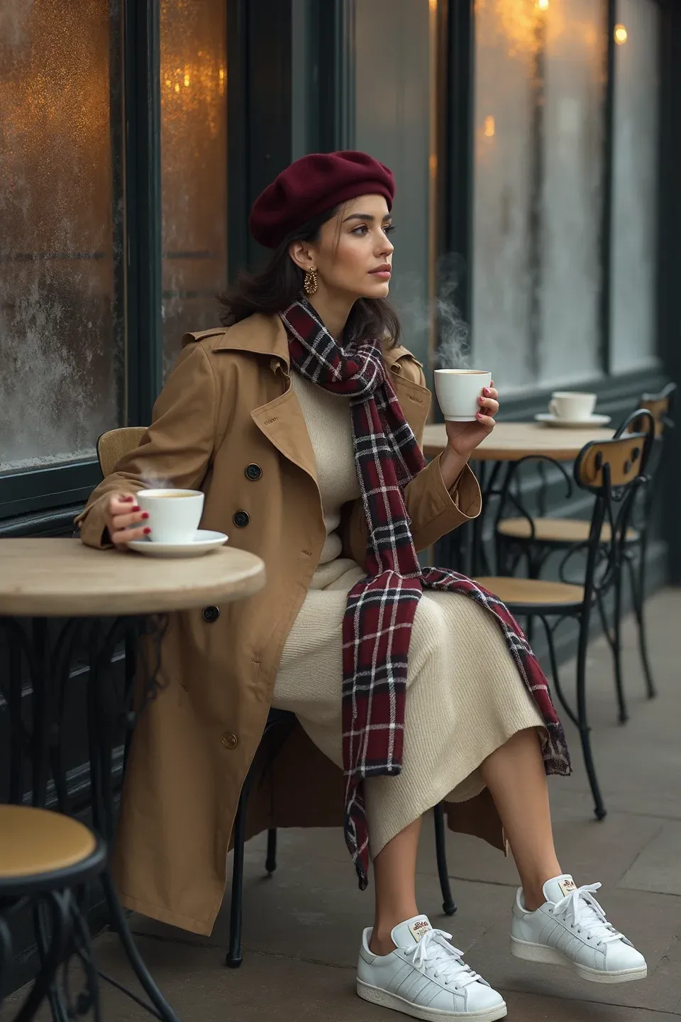 Woman in classic tan trench coat and cream sweater dress wearing white sneakers, styled with burgundy beret and plaid scarf at Parisian-style café setting