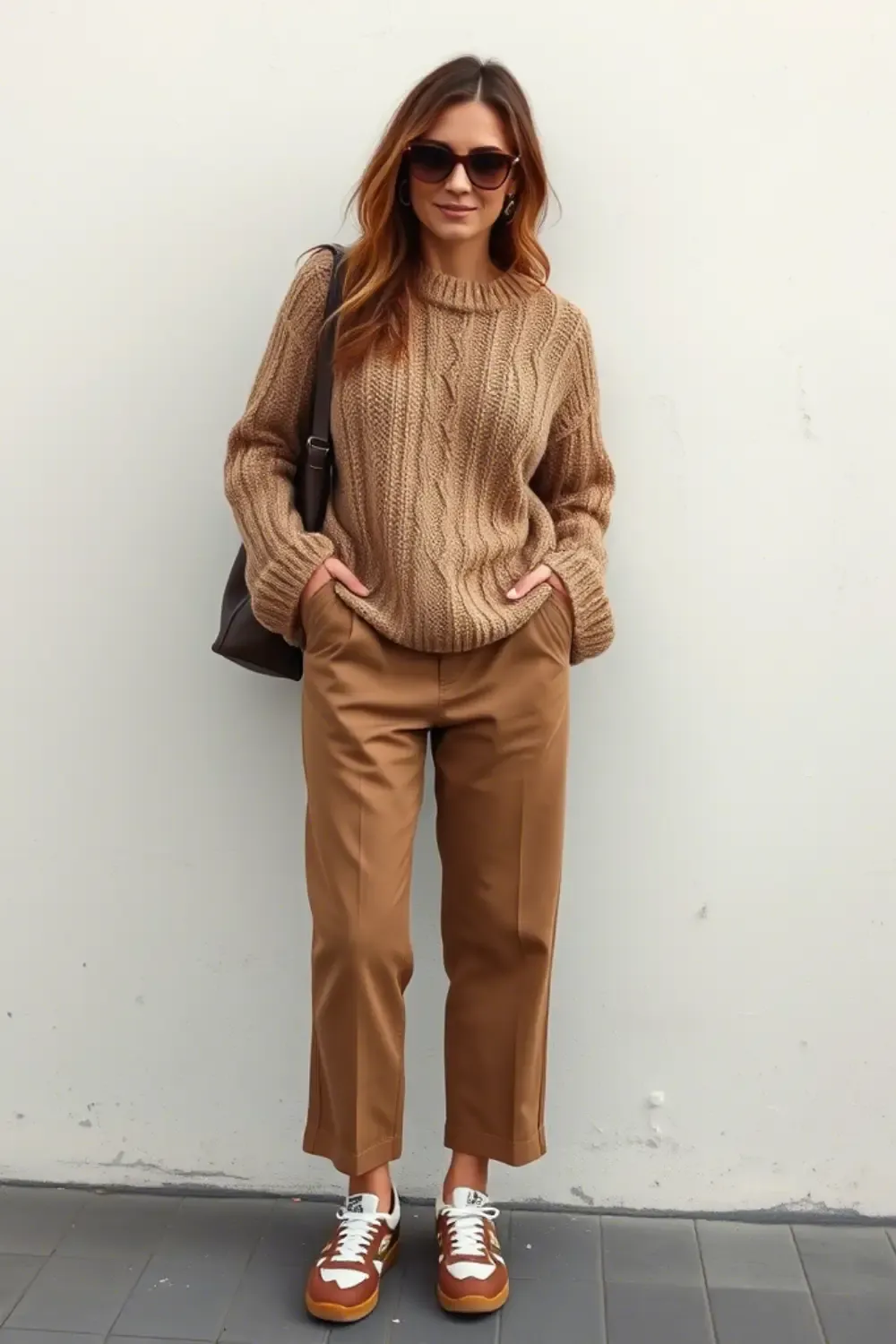 Woman wearing a monochromatic earth tone outfit featuring a chunky cable-knit beige sweater paired with camel-colored tailored trousers