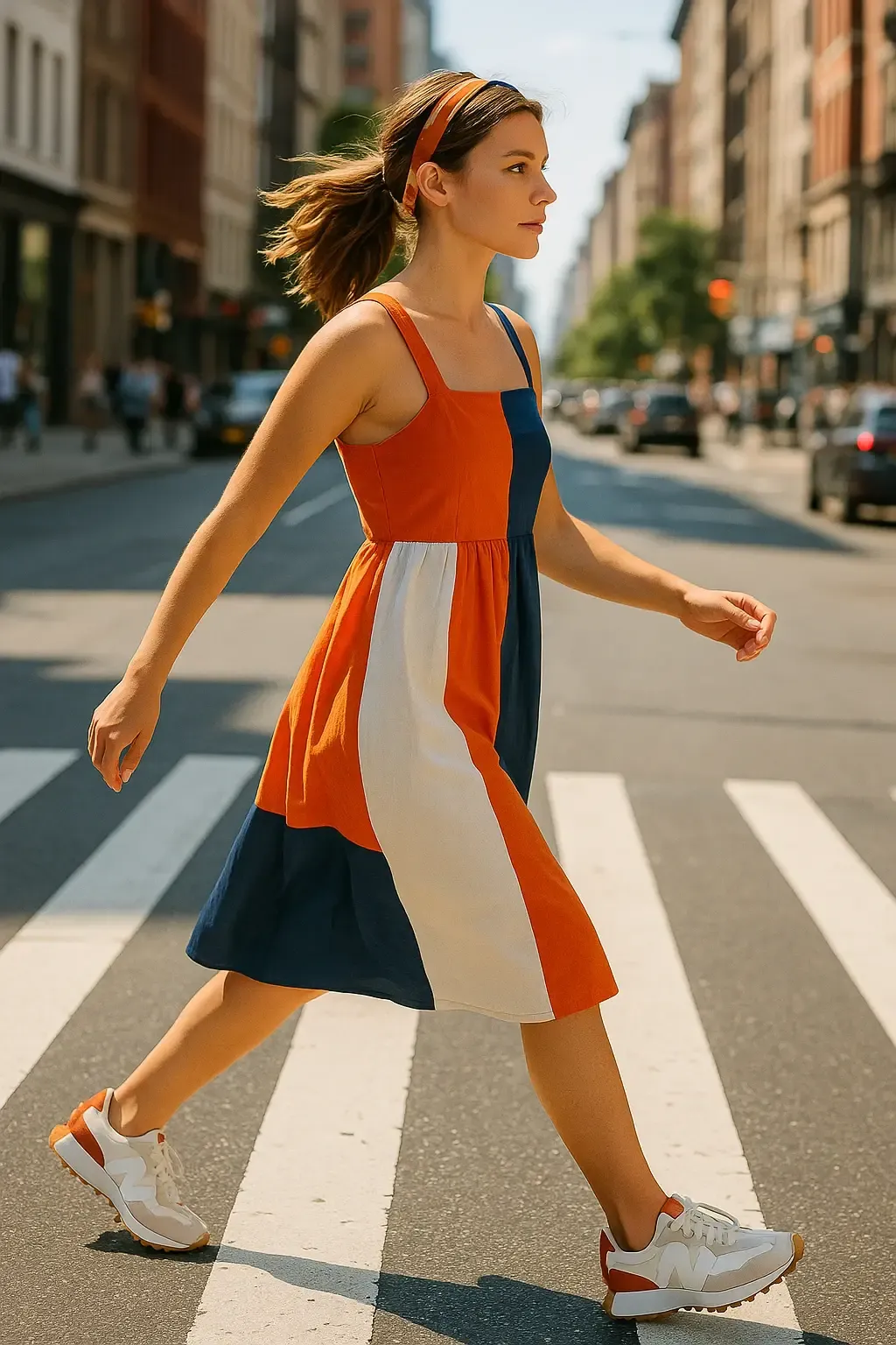 Woman in orange, navy and white color-block cotton sundress paired with New Balance 327 sneakers crossing city street