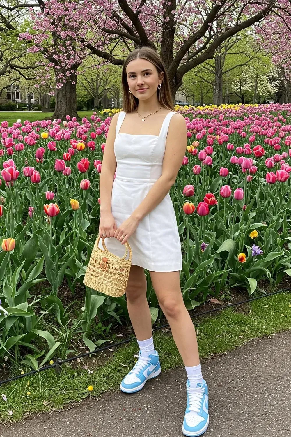 Woman in a white A-line mini dress and light blue 'Coast' Nike Dunk Lows, holding a straw bag in a park setting.