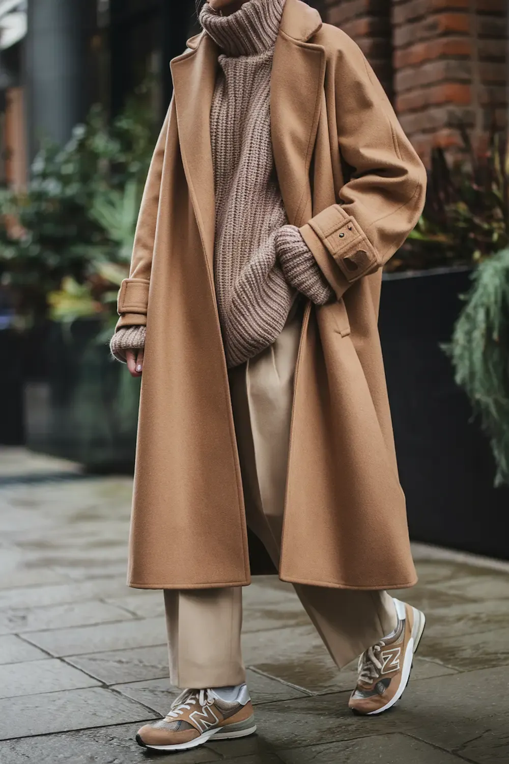 Close-up of monochromatic outfit with camel coat, beige sweater, cream pants and brown New Balance sneakers on stone walkway