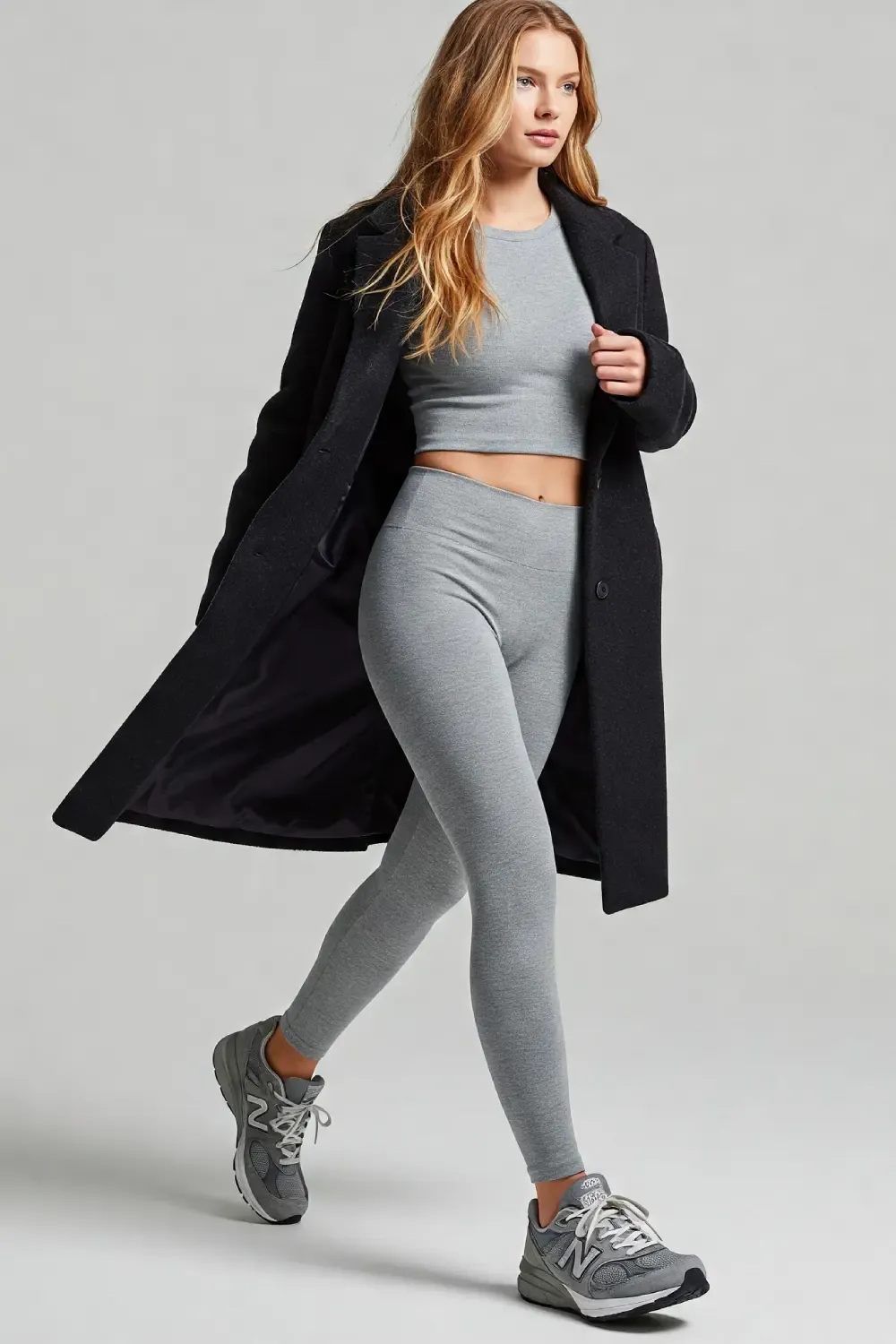 Woman wearing New Balance 990v6 grey sneakers with a grey athleisure set of crop top and leggings, layered with a long black coat in a minimal studio setting