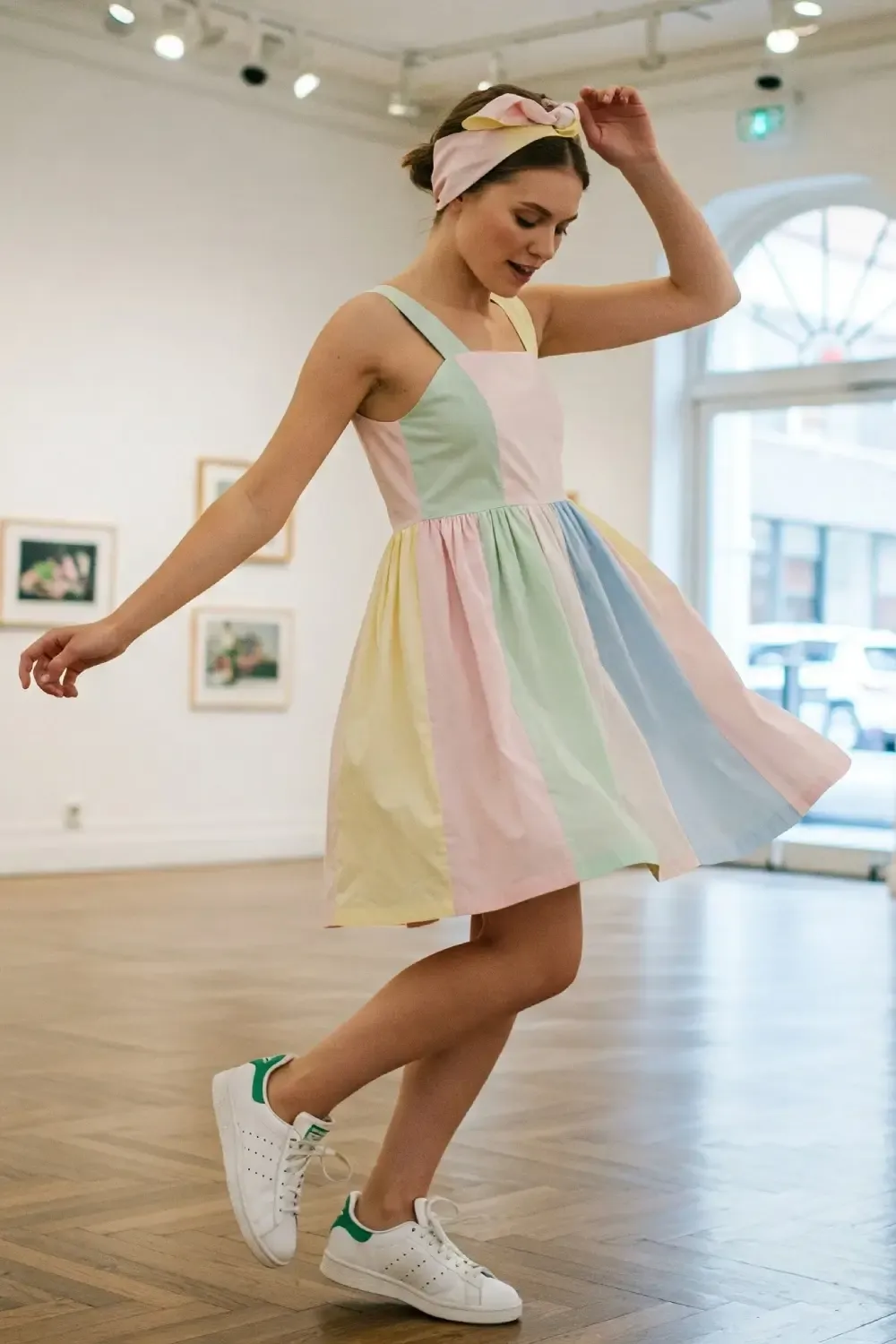 Woman in art gallery wearing pastel color-blocked cotton sundress with matching headband and Adidas Stan Smith sneakers, surrounded by artwork
