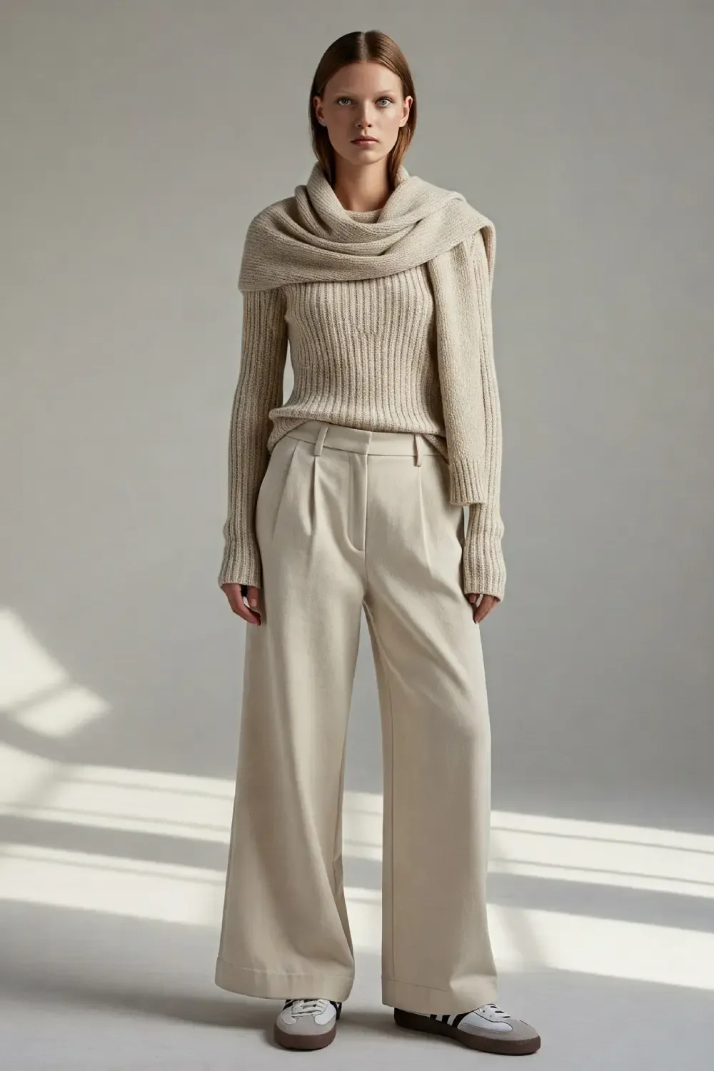 Woman in cream ribbed sweater with matching wide-leg pants and coordinating scarf, paired with white Adidas Samba OG sneakers in a minimalist setting, showing sophisticated monochrome styling.
