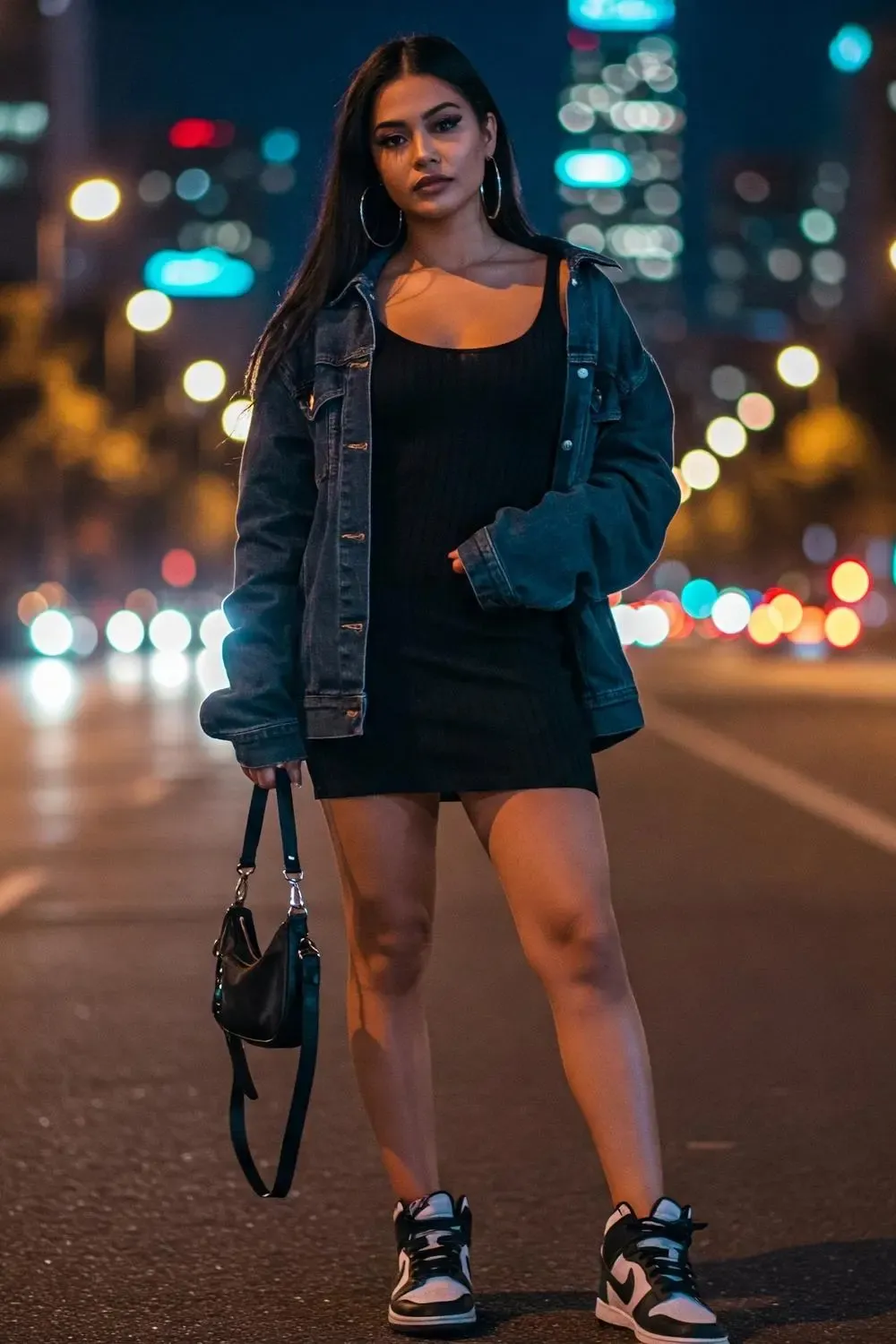 Woman in a black bodycon mini dress, denim jacket, and Panda Nike Dunk Lows, posing confidently in an urban night setting.